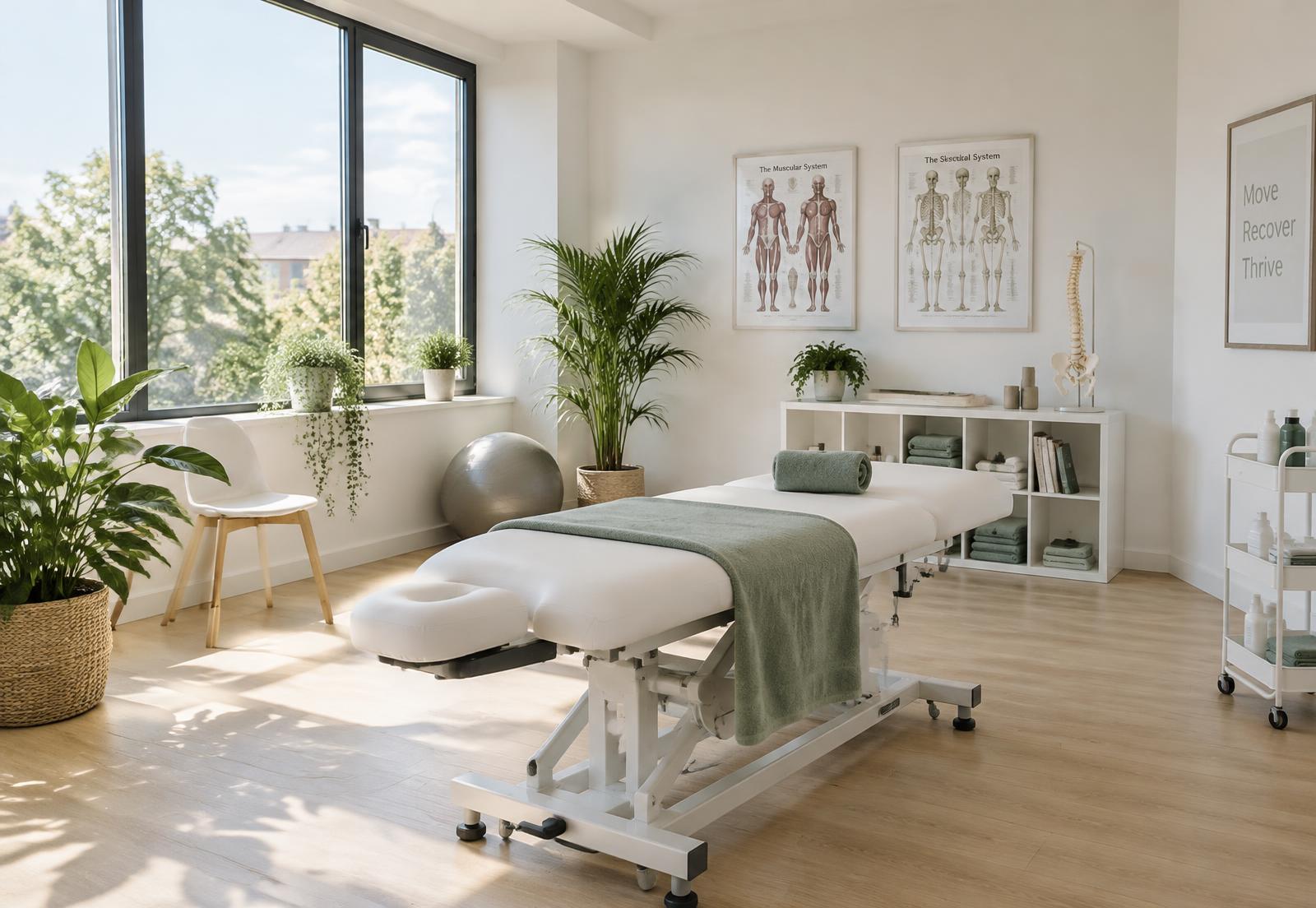Sala de fisioterapia luminosa con camilla